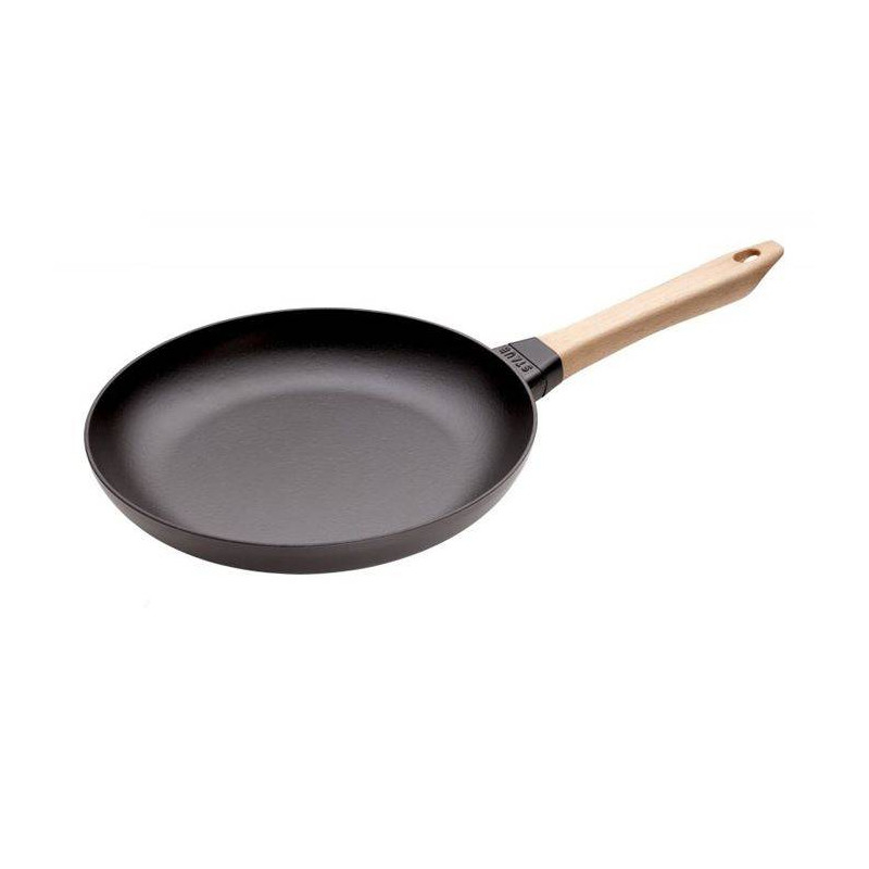 Poêle en fonte émaillée noire Manche Bois 28 cm - STAUB
