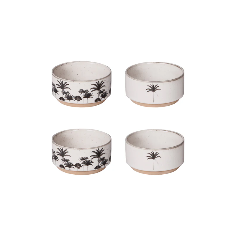 Lot de 4 bols en grès sur support blanc cassé palmiers - Table Passion