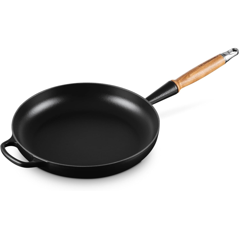 Poêle à frire en fonte émaillée 28 cm Noir Mat, poignée en bois - LE CREUSET