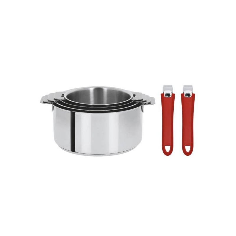 Batterie de 4 casseroles Mutine avec 2 poignées amovibles rouges 14/16/18/20 cm - Cristel