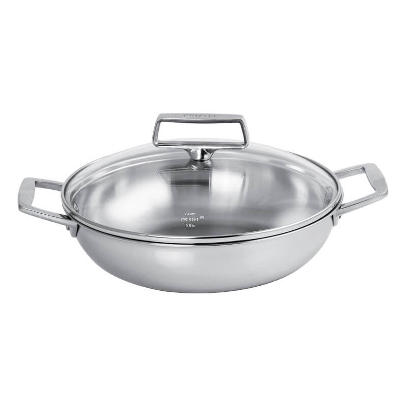 Plat sautoir en inox à 2 anses + couvercle en verre 28 cm - Cristel