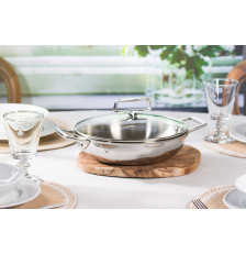 Plat sautoir en inox à 2 anses + couvercle en verre 28 cm - Cristel